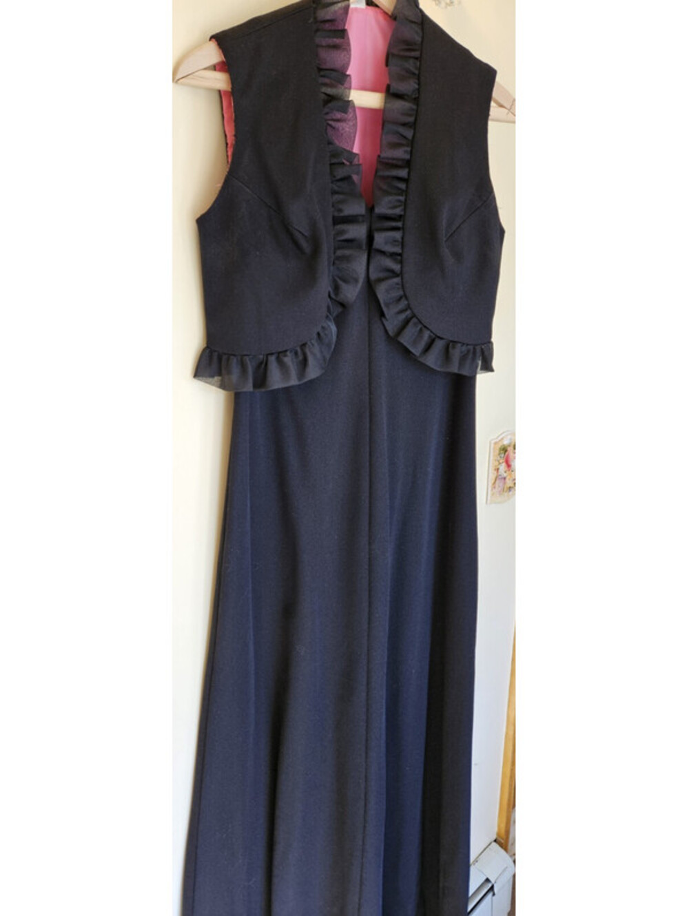 Vintage Black Gown V-Neck With Pink Lined Ruffled Bolero Vest Size 12